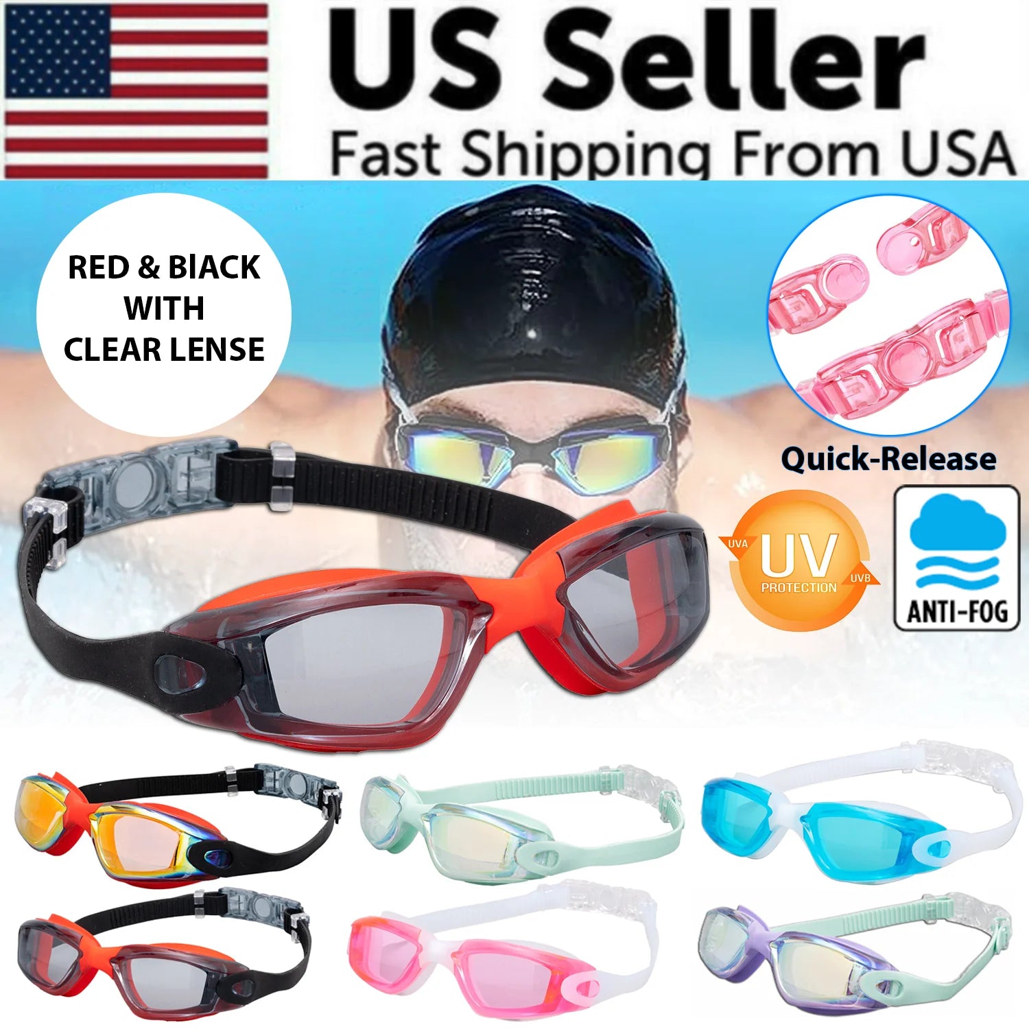 Clear Comfortable Swimming Goggles UV- Anti-Fog Swim Glasses Mirror Adult & Kids