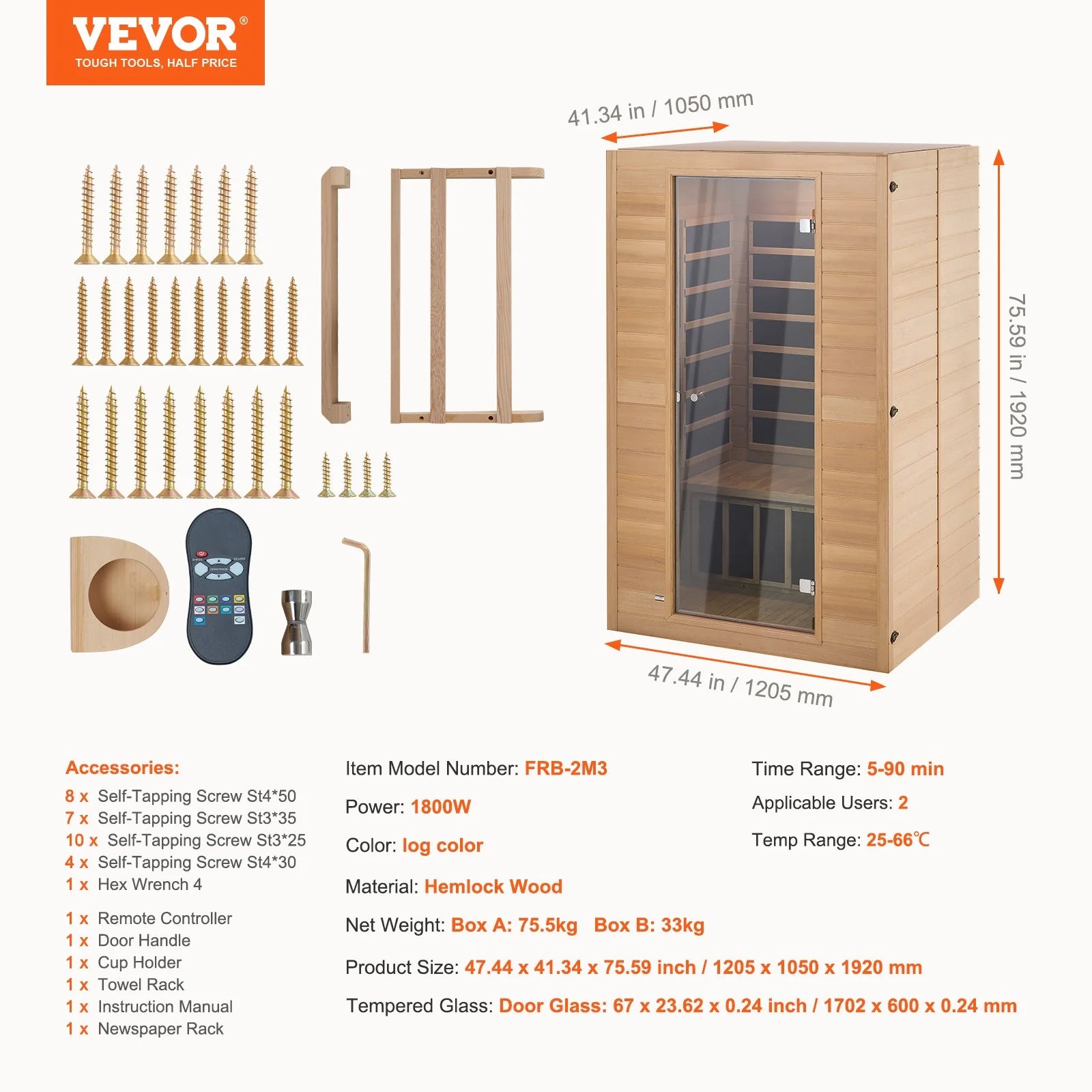 VEVOR Far Infrared Wooden Sauna, Room Home Sauna Spa for 2 Person 1800W